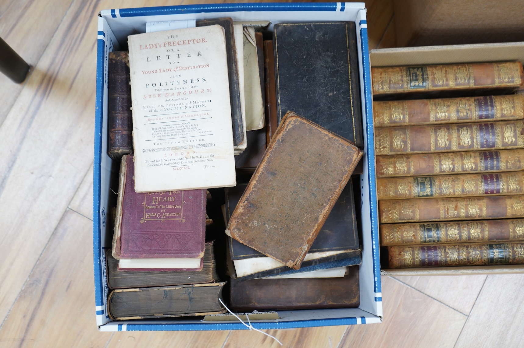 D'Ancourt, Abbé - The Lady's Preceptor. Or, a Letter to a Young Lady of Distinction upon Politeness ... 5th edition. headpiece decorations; disbound. 1756; Tabart, Benjamin - The National Spelling Book ... 3rd edition. o